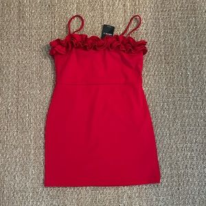 Ruby red dress with ruffles at the top
